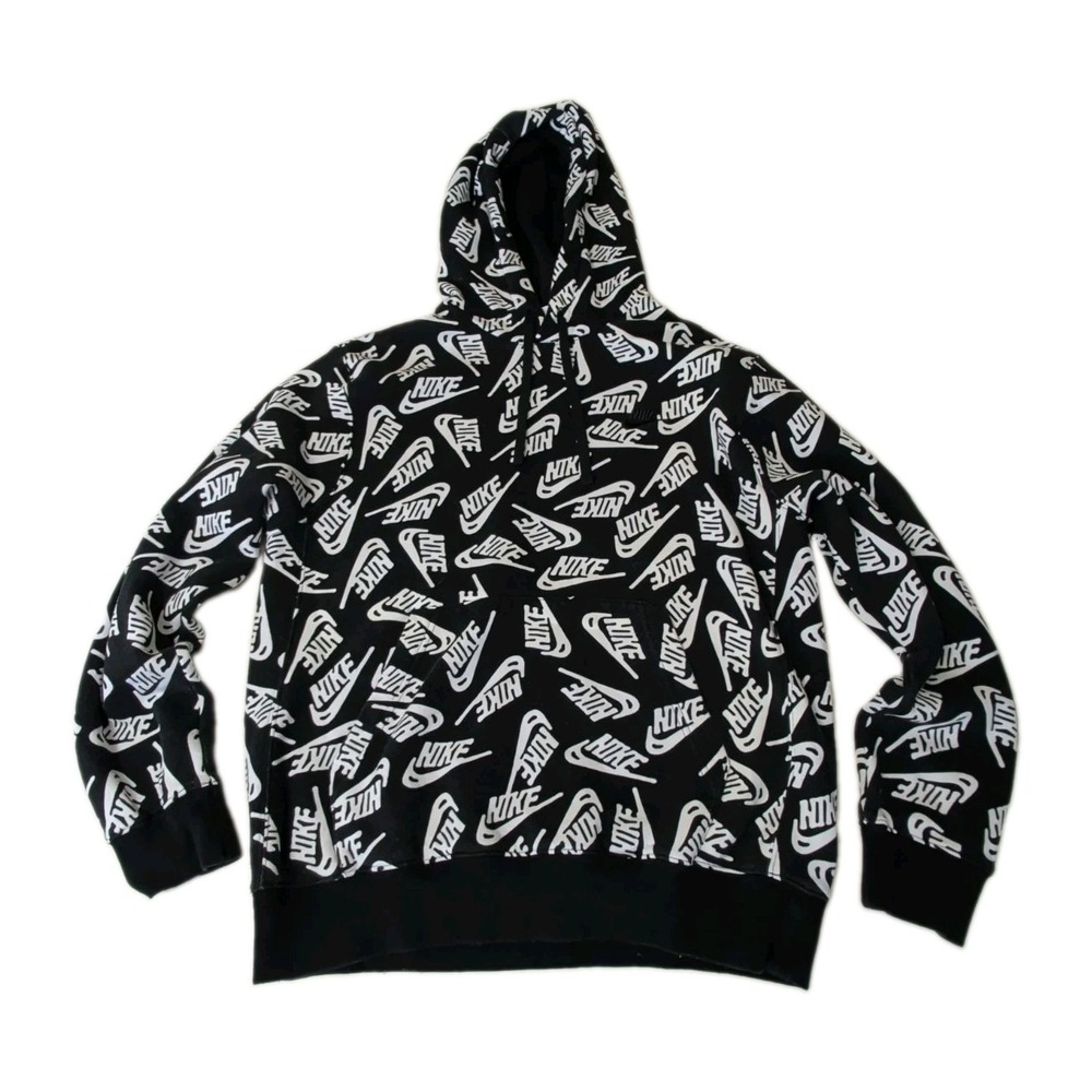 Nike Hoodie Sweatshirt Mens M Black Swoosh Logo All Over Print Active Streetwear
